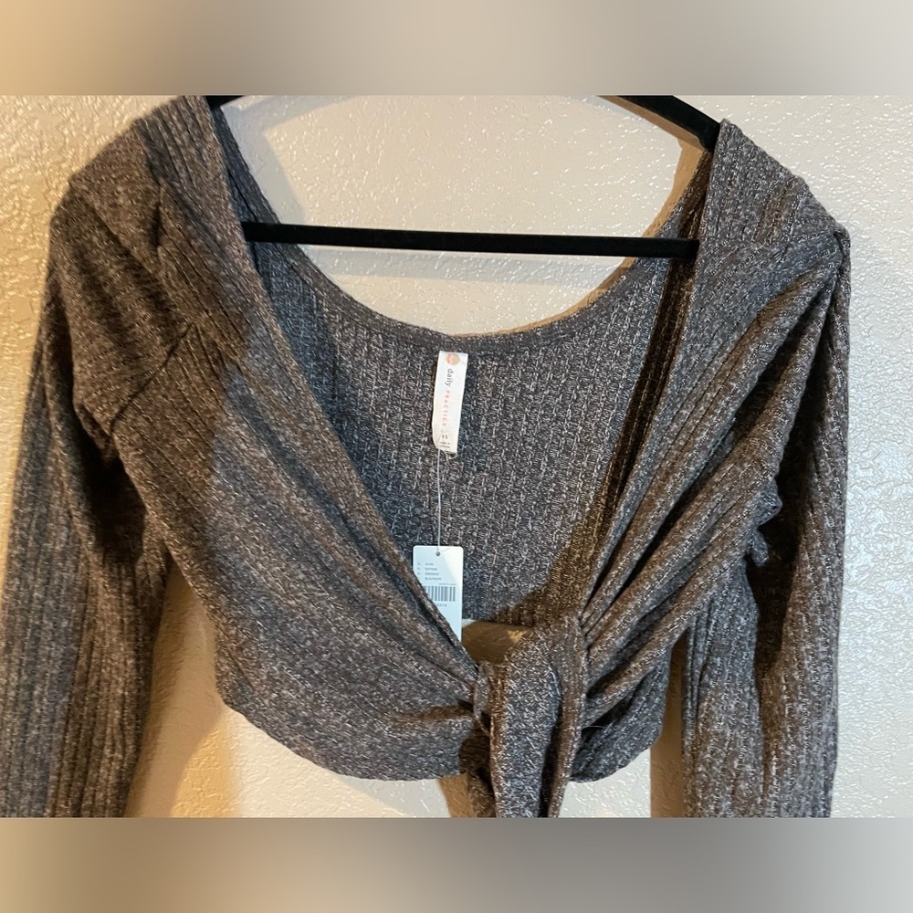 Anthropologie Daily Practice Wrapped Gray Ribbed Tie-Front Top